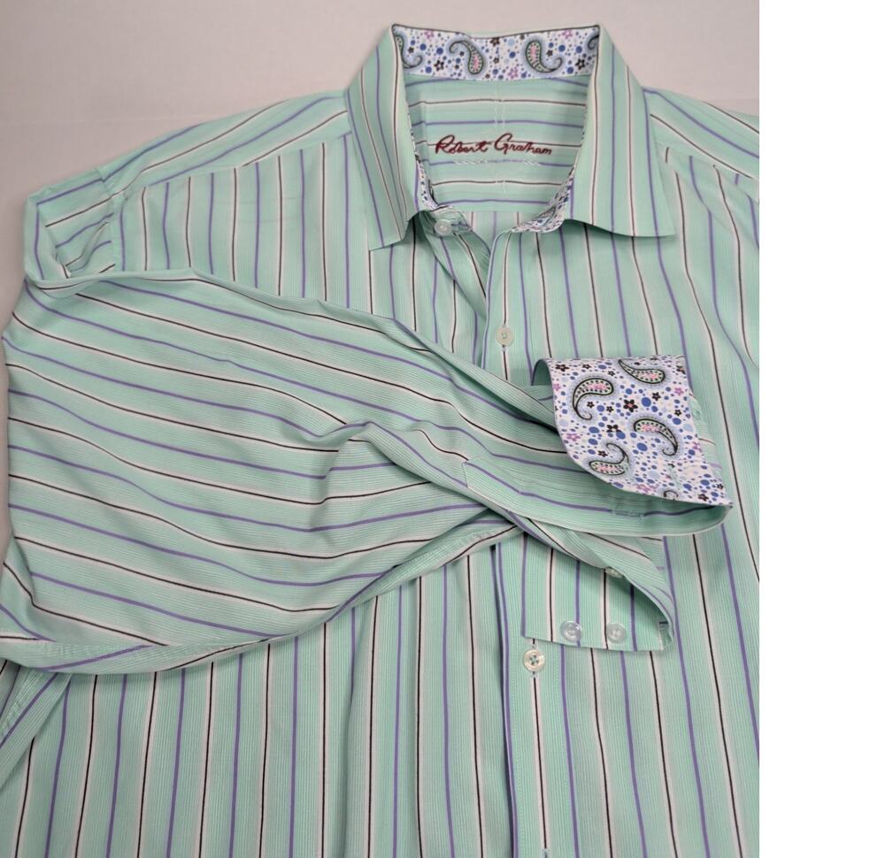 ROBERT GRAHAM Mint Green Stripe Mens LS 3XL Button Dress Shirt Paisley Flip Cuff